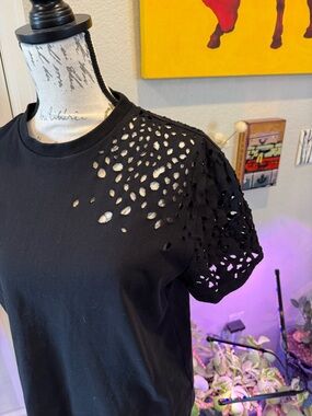 SER.O.YA Black Short Sleeve Tee with Distressed Cutouts